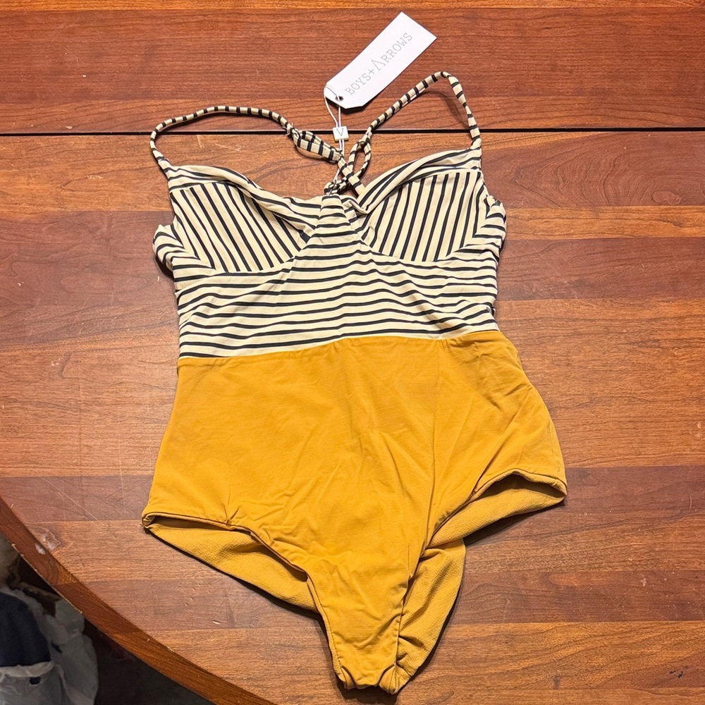 Boys + Arrows Striped Black and Mustard Swim Bodysuit
